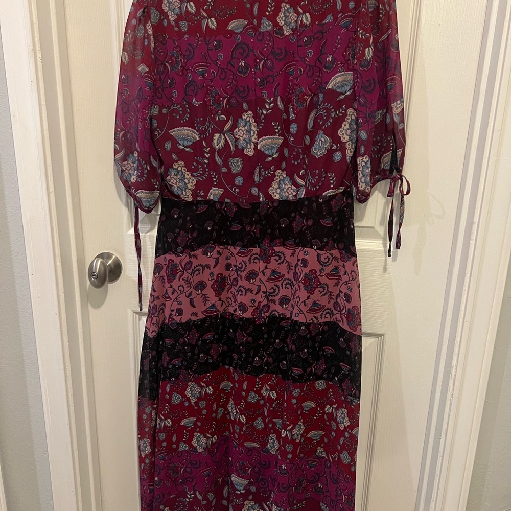 dressbarn Burgundy and Pink Floral Tiered Maxi Dress